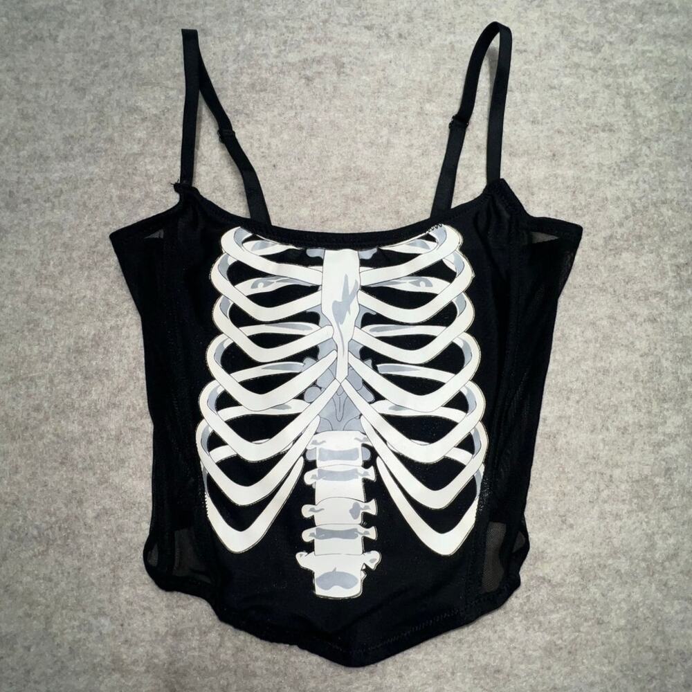 Womens Black Skeleton XS Print Corset Top Mesh Boned Adjustable Straps‎